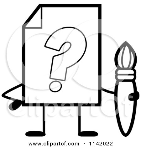 Cartoon Clipart Of A Black And White Help Document Mascot Holding A Paintbrush - Vector Outlined Coloring Page by Cory Thoman