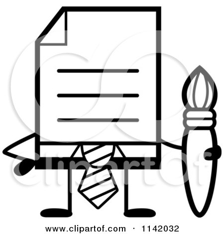 Cartoon Clipart Of A Black And White Business Document Mascot In A Red Tie Holding A Paintbrush - Vector Outlined Coloring Page by Cory Thoman
