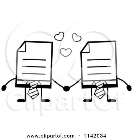 Cartoon Clipart Of Black And White Business Document Mascots In A Red Ties Holding Hands - Vector Outlined Coloring Page by Cory Thoman
