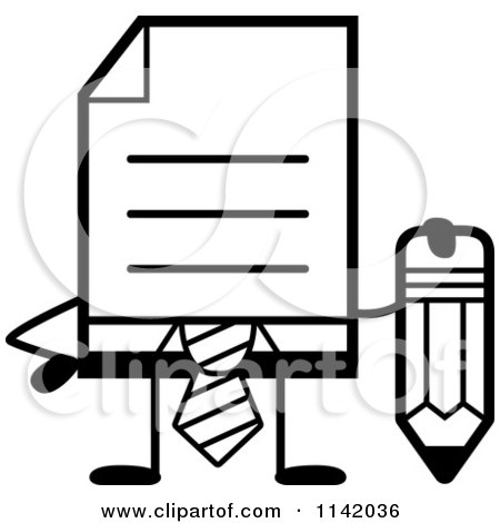 Cartoon Clipart Of A Black And White Business Document Mascot In A Red Tie Holding A Pencil - Vector Outlined Coloring Page by Cory Thoman