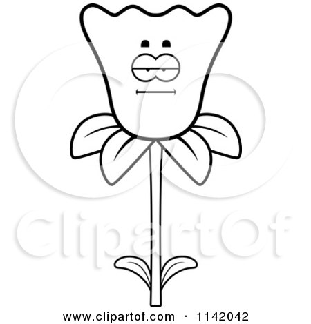 Cartoon Clipart Of A Black And White Bored Daffodil Flower Character - Vector Outlined Coloring Page by Cory Thoman