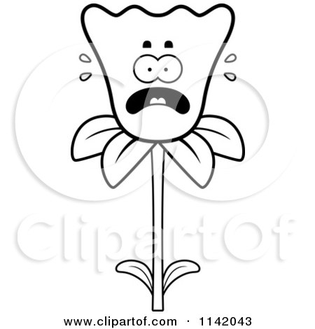 Cartoon Clipart Of A Black And White Scared Daffodil Flower Character - Vector Outlined Coloring Page by Cory Thoman