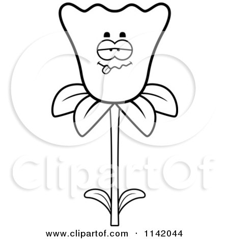Cartoon Clipart Of A Black And White Goofy Or Sick Daffodil Flower Character - Vector Outlined Coloring Page by Cory Thoman
