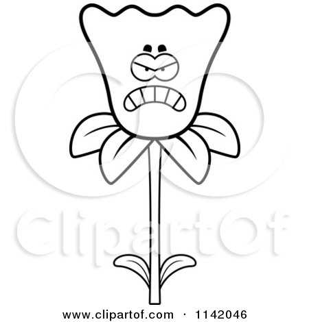 Cartoon Clipart Of A Black And White Angry Daffodil Flower Character - Vector Outlined Coloring Page by Cory Thoman