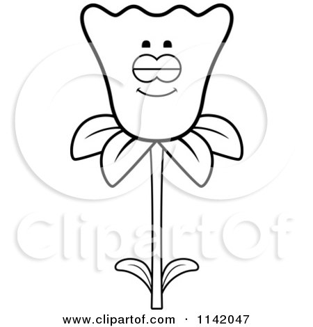 Cartoon Clipart Of A Black And White Sleeping Daffodil Flower Character - Vector Outlined Coloring Page by Cory Thoman