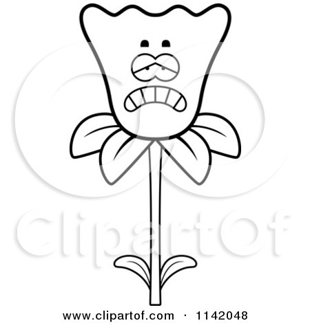 Cartoon Clipart Of A Black And White Depressed Daffodil Flower Character - Vector Outlined Coloring Page by Cory Thoman