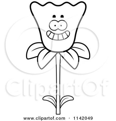 Cartoon Clipart Of A Black And White Happy Smiling Daffodil Flower Character - Vector Outlined Coloring Page by Cory Thoman