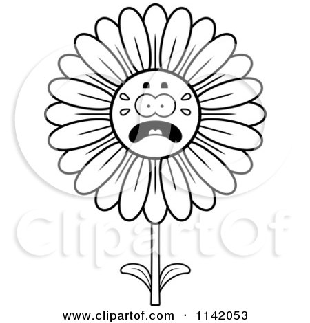 Cartoon Clipart Of A Black And White Scared Daisy Flower Character - Vector Outlined Coloring Page by Cory Thoman