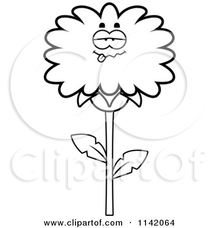Cartoon Clipart Of A Black And White Drunk Dandelion Flower Character - Vector Outlined Coloring Page by Cory Thoman