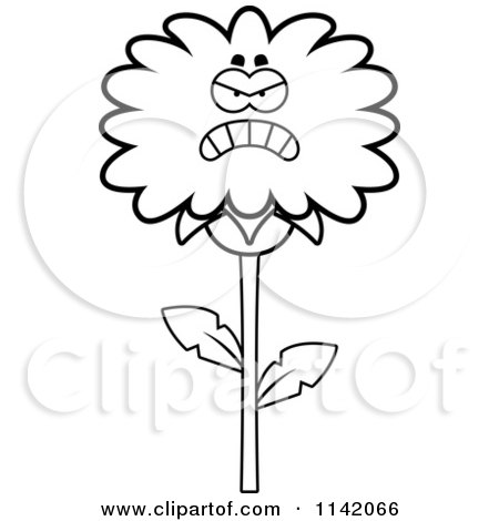 Cartoon Clipart Of A Black And White Mad Dandelion Flower Character - Vector Outlined Coloring Page by Cory Thoman