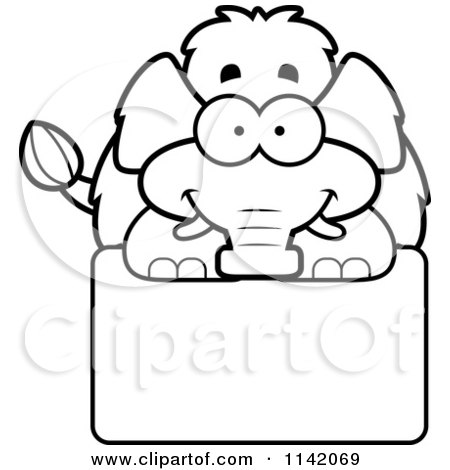 Cartoon Clipart Of A Black And White Happy Wooly Mammoth Over A Sign - Vector Outlined Coloring Page by Cory Thoman