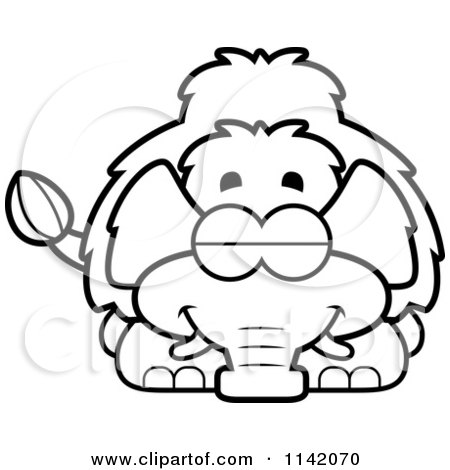 Cartoon Clipart Of A Black And White Happy Wooly Mammoth - Vector Outlined Coloring Page by Cory Thoman