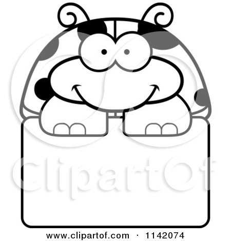 Cartoon Clipart Of A Black And White Happy Ladybug Over A Sign - Vector Outlined Coloring Page by Cory Thoman
