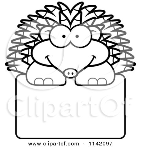 Cartoon Clipart Of A Black And White Happy Hedgehog Over A Sign - Vector Outlined Coloring Page by Cory Thoman