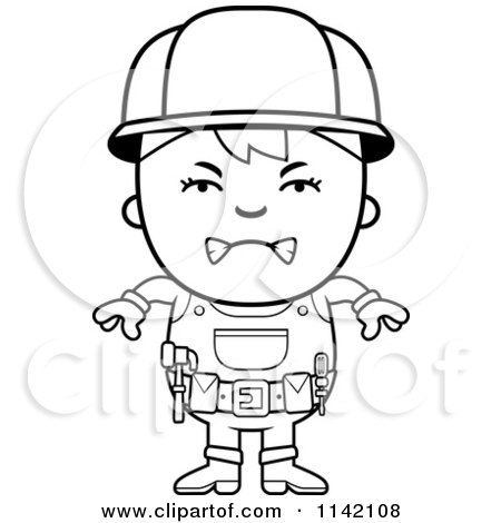 Cartoon Clipart Of A Black And White Mad Handy Boy - Vector Outlined Coloring Page by Cory Thoman