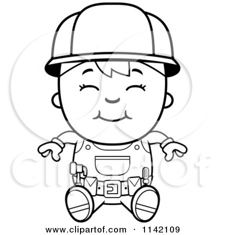 Cartoon Clipart Of A Black And White Sitting Handy Boy - Vector Outlined Coloring Page by Cory Thoman