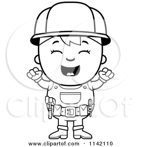 Cartoon Clipart Of A Black And White Excited Handy Boy - Vector Outlined Coloring Page by Cory Thoman