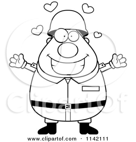 Cartoon Clipart Of A Black And White Loving Chubby Army Man - Vector Outlined Coloring Page by Cory Thoman