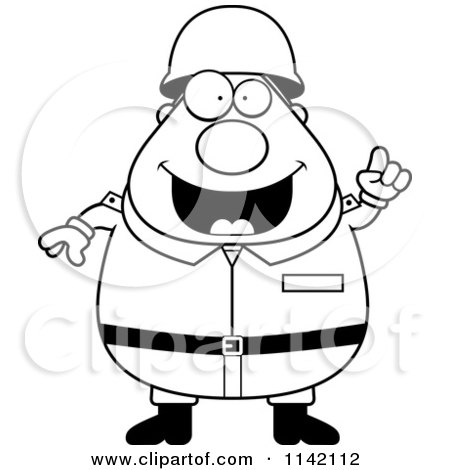 Cartoon Clipart Of A Black And White Chubby Army Man With An Idea - Vector Outlined Coloring Page by Cory Thoman