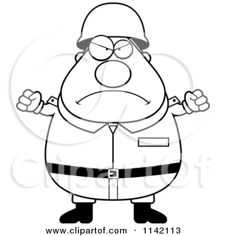 Cartoon Clipart Of A Black And White Mad Chubby Army Man - Vector Outlined Coloring Page by Cory Thoman