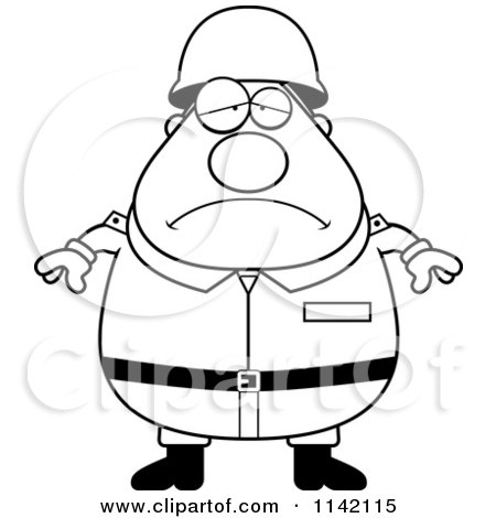 Cartoon Clipart Of A Black And White Depressed Chubby Army Man - Vector Outlined Coloring Page by Cory Thoman
