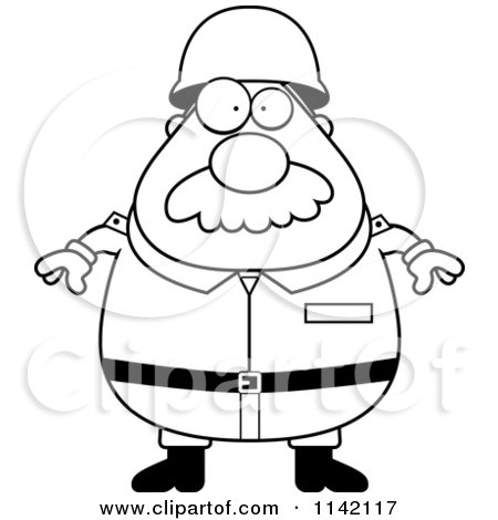 Cartoon Clipart Of A Black And White Chubby Army Man With A Mustache - Vector Outlined Coloring Page by Cory Thoman