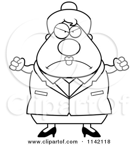 Cartoon Clipart Of A Black And White Angry Chubby Business Lady - Vector Outlined Coloring Page by Cory Thoman