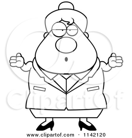 Cartoon Clipart Of A Black And White Careless Shrugging Chubby Business Lady - Vector Outlined Coloring Page by Cory Thoman