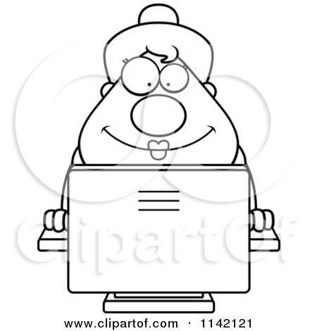Cartoon Clipart Of A Black And White Happy Chubby Business Lady Using A Computer - Vector Outlined Coloring Page by Cory Thoman