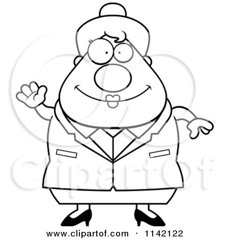 Cartoon Clipart Of A Black And White Waving Happy Chubby Business Lady - Vector Outlined Coloring Page by Cory Thoman