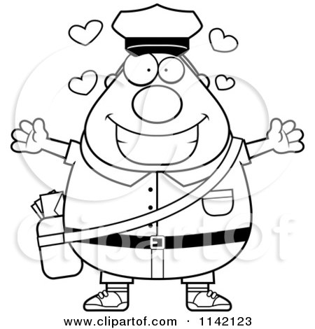 Cartoon Clipart Of A Black And White Loving Chubby Mail Man Postal Worker - Vector Outlined Coloring Page by Cory Thoman