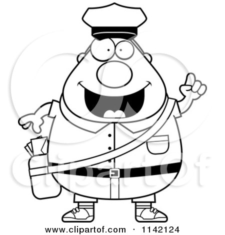 Cartoon Clipart Of A Black And White Chubby Mail Man Postal Worker With An Idea - Vector Outlined Coloring Page by Cory Thoman