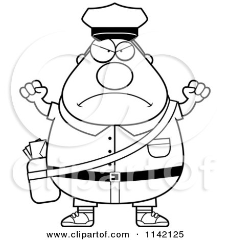 Cartoon Clipart Of A Black And White Angry Chubby Mail Man Postal Worker - Vector Outlined Coloring Page by Cory Thoman