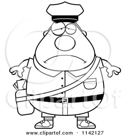 Cartoon Clipart Of A Black And White Depressed Chubby Mail Man Postal Worker - Vector Outlined Coloring Page by Cory Thoman