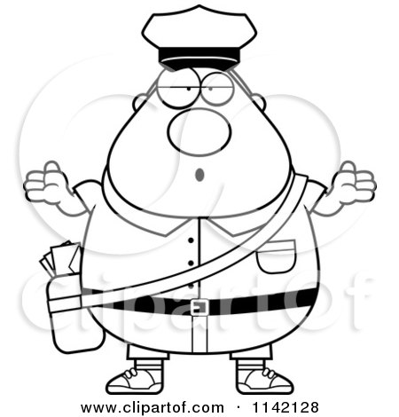 Cartoon Clipart Of A Black And White Careless Shrugging Chubby Mail Man Postal Worker - Vector Outlined Coloring Page by Cory Thoman