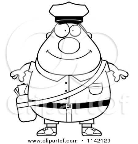 Cartoon Clipart Of A Black And White Happy Chubby Mail Man Postal Worker - Vector Outlined Coloring Page by Cory Thoman