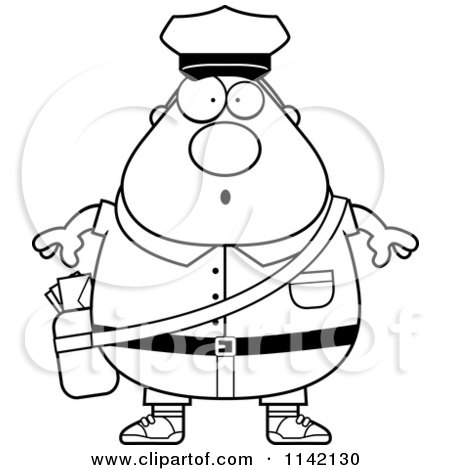Cartoon Clipart Of A Black And White Surprised Chubby Mail Man Postal Worker - Vector Outlined Coloring Page by Cory Thoman