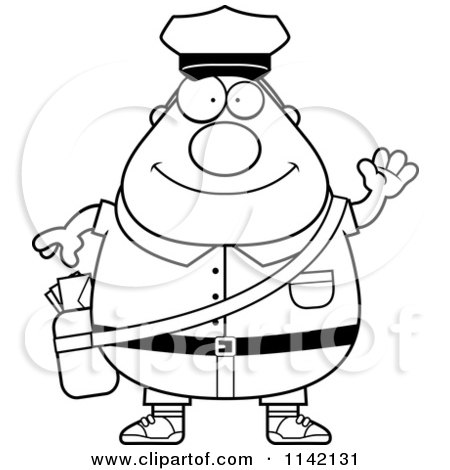 Cartoon Clipart Of A Black And White Friendly Waving Chubby Mail Man Postal Worker - Vector Outlined Coloring Page by Cory Thoman