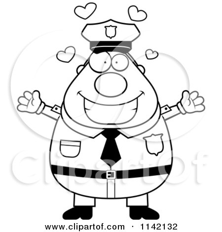 Cartoon Clipart Of A Black And White Loving Chubby Police Man - Vector Outlined Coloring Page by Cory Thoman