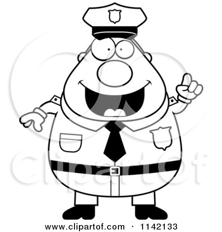Cartoon Clipart Of A Black And White Chubby Police Man With An Idea - Vector Outlined Coloring Page by Cory Thoman