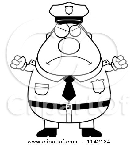 Cartoon Clipart Of A Black And White Angry Chubby Police Man - Vector Outlined Coloring Page by Cory Thoman