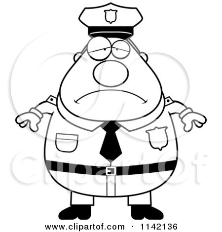 Cartoon Clipart Of A Black And White Depressed Chubby Police Man - Vector Outlined Coloring Page by Cory Thoman