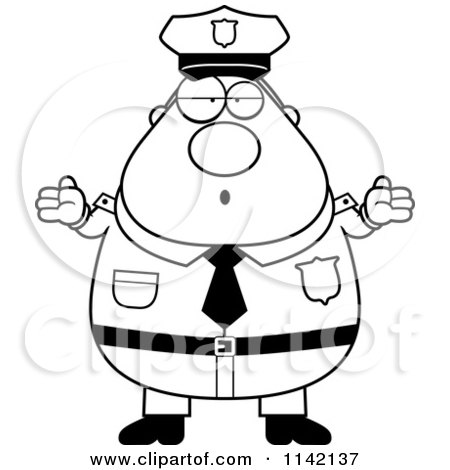 Cartoon Clipart Of A Black And White Careless Shrugging Chubby Police Man - Vector Outlined Coloring Page by Cory Thoman