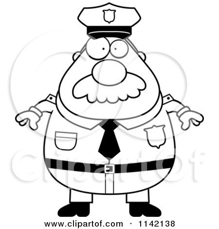 Cartoon Clipart Of A Black And White Chubby Police Man With A Mustache - Vector Outlined Coloring Page by Cory Thoman