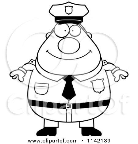 Cartoon Clipart Of A Black And White Happy Chubby Police Man - Vector Outlined Coloring Page by Cory Thoman