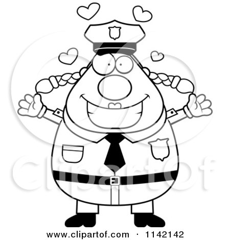Cartoon Clipart Of A Black And White Loving Chubby Police Woman - Vector Outlined Coloring Page by Cory Thoman