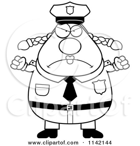 Cartoon Clipart Of A Black And White Angry Chubby Police Woman - Vector Outlined Coloring Page by Cory Thoman
