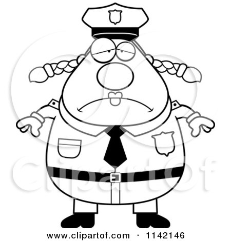 Cartoon Clipart Of A Black And White Depressed Chubby Police Woman - Vector Outlined Coloring Page by Cory Thoman