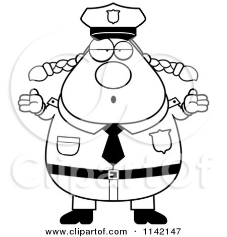 Cartoon Clipart Of A Black And White Shrugging Careless Chubby Police Woman - Vector Outlined Coloring Page by Cory Thoman