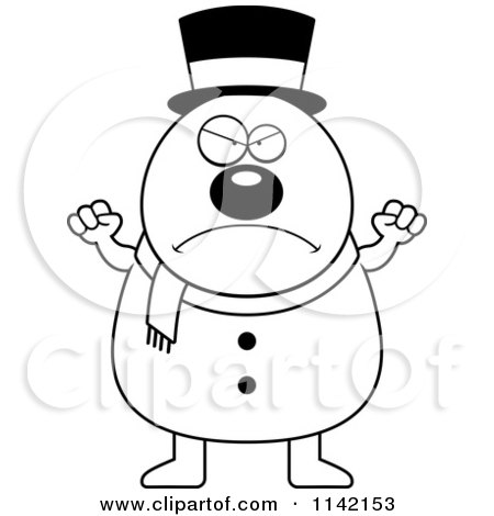 Cartoon Clipart Of A Black And White Angry Pudgy Snowman - Vector Outlined Coloring Page by Cory Thoman